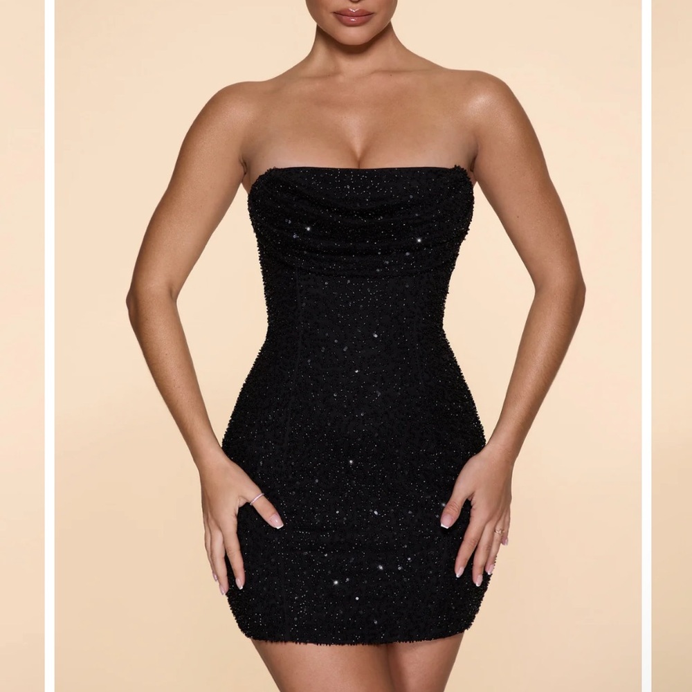 Embellished Strapless Cowl Neck Mini Dress in Black